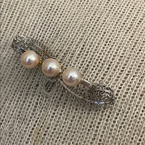 Vintage Real Pearl Pin Filigree Bar Pin Silver-tone - Picture 15 of 16